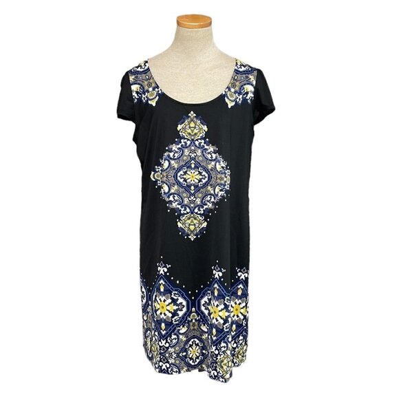 INC International Concepts Midi Dress Short Sleeve Paisley Black Blue Size Large - Picture 1 of 16